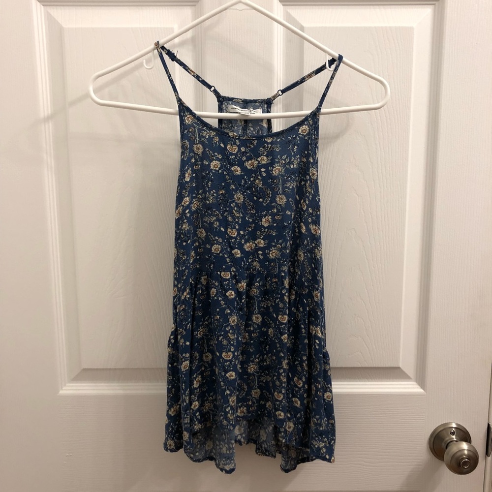 Blue Floral High-Low High Neck Blouse
